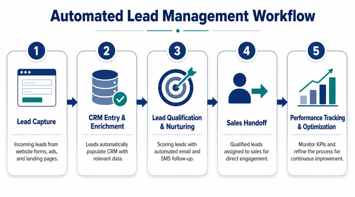 A five-step flowchart illustrating an automated lead management workflow from capture to performance tracking and optimization.