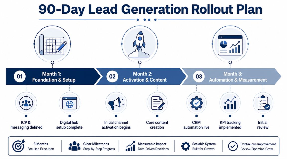 A 90-day lead generation rollout plan infographic with three months focused on setup, activation, and measurement.