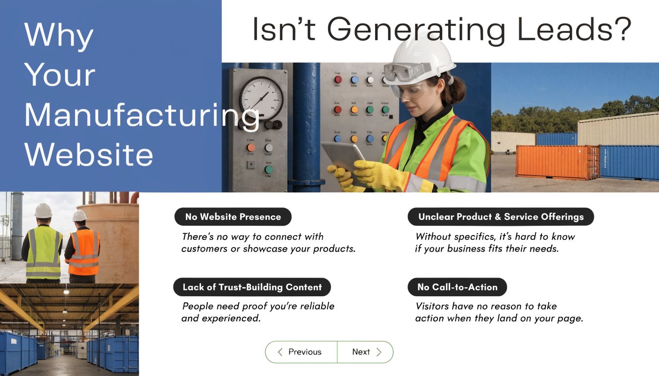 A slide explaining why manufacturing websites fail to generate leads, listing common problems like missing content and calls-to-action.