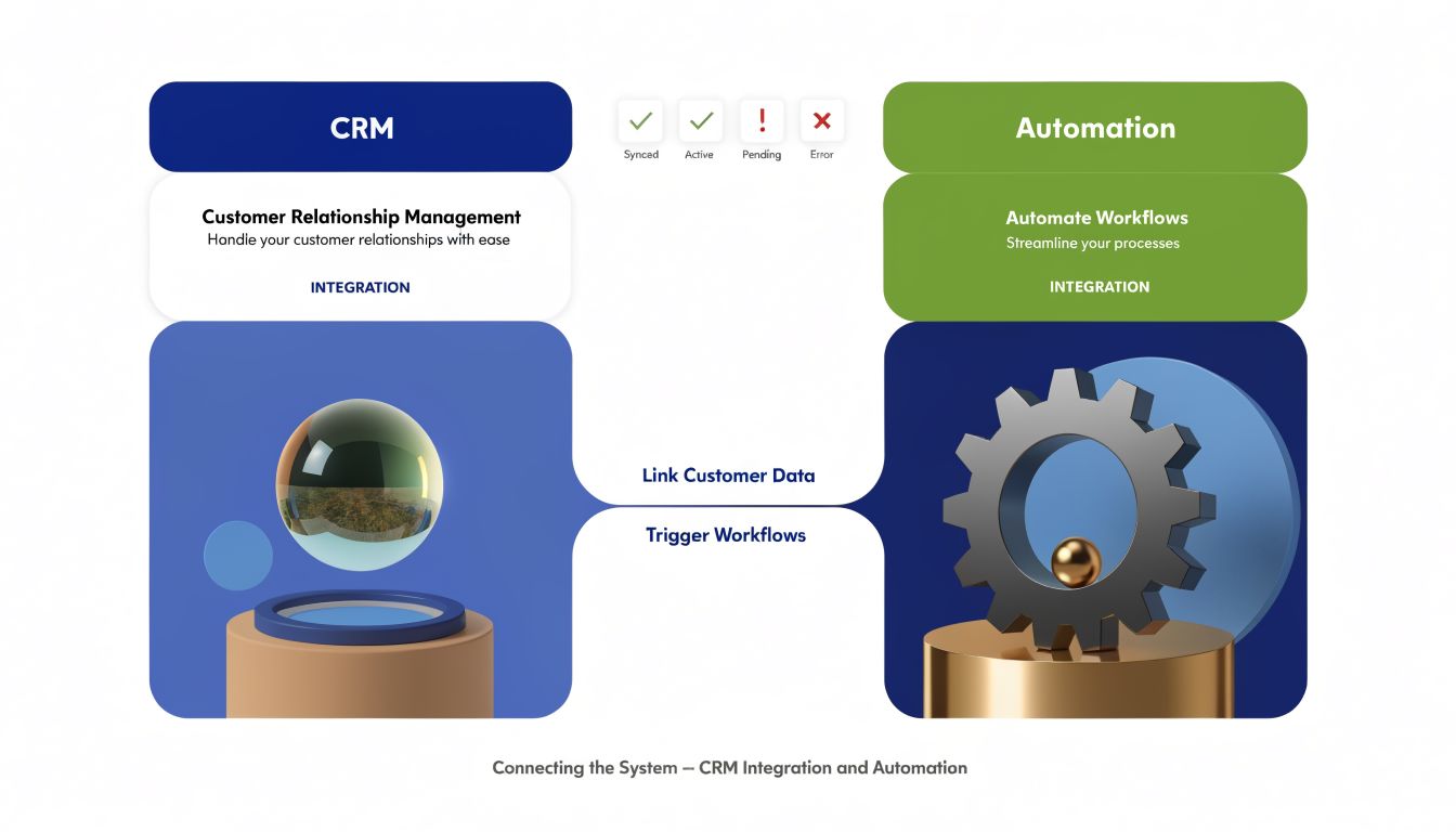 A diagram illustrating the connection between CRM customer management and automated business workflows for improved efficiency.