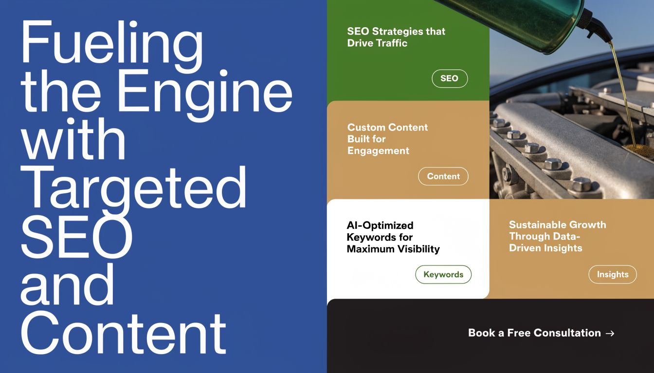 A digital marketing services banner featuring text about SEO, content, and growth next to an engine oil pouring image.