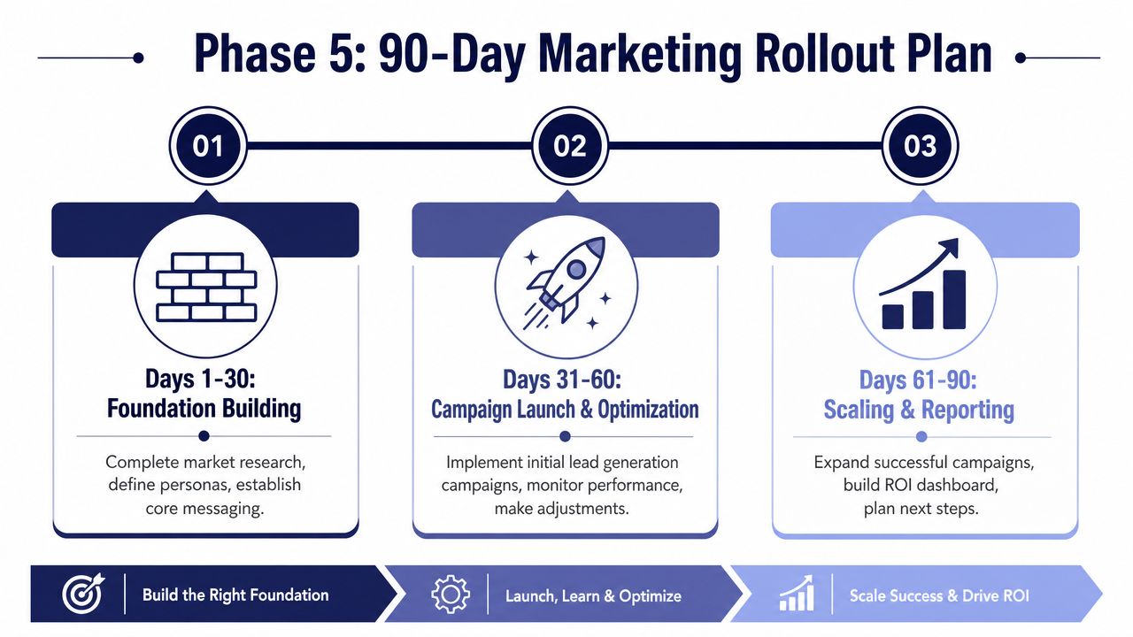 A 90-day marketing rollout plan infographic showing three sequential phases for strategic business growth and optimization.