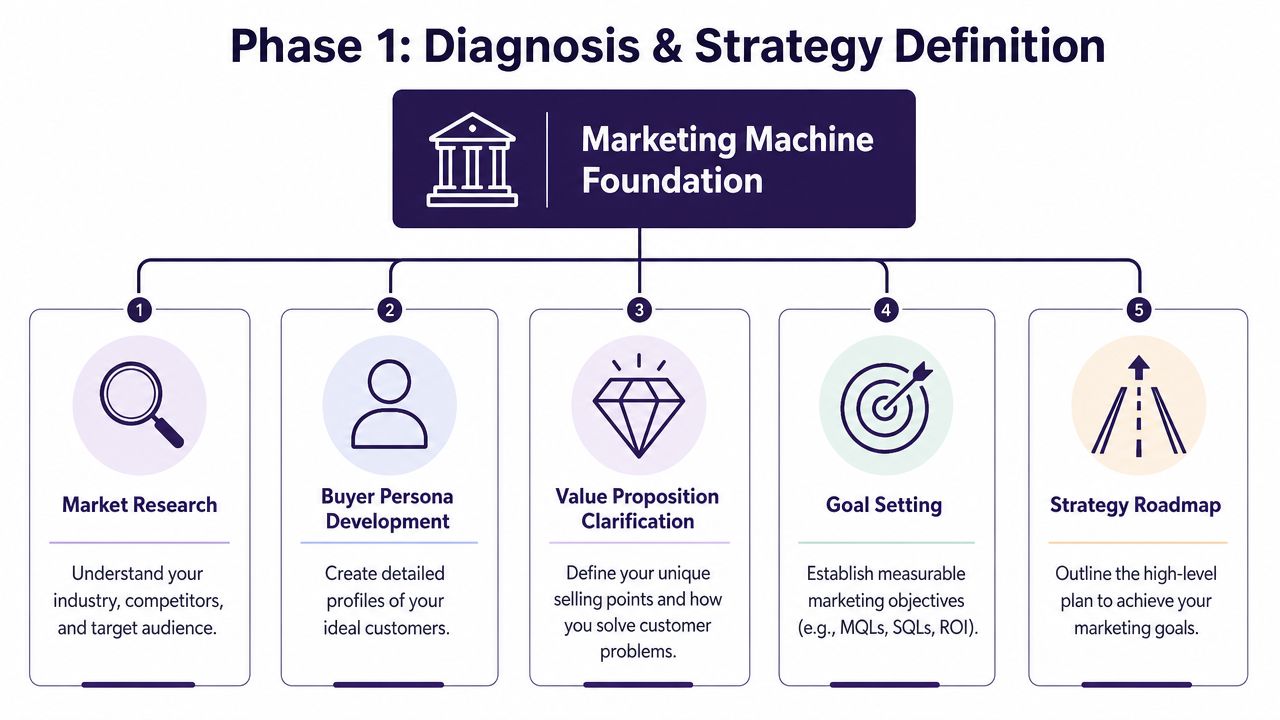 A diagram outlining Phase 1 of a marketing strategy focusing on foundation, research, personas, and planning.