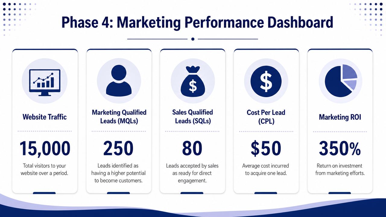 A marketing performance dashboard displaying website traffic, MQLs, SQLs, cost per lead, and ROI statistics.