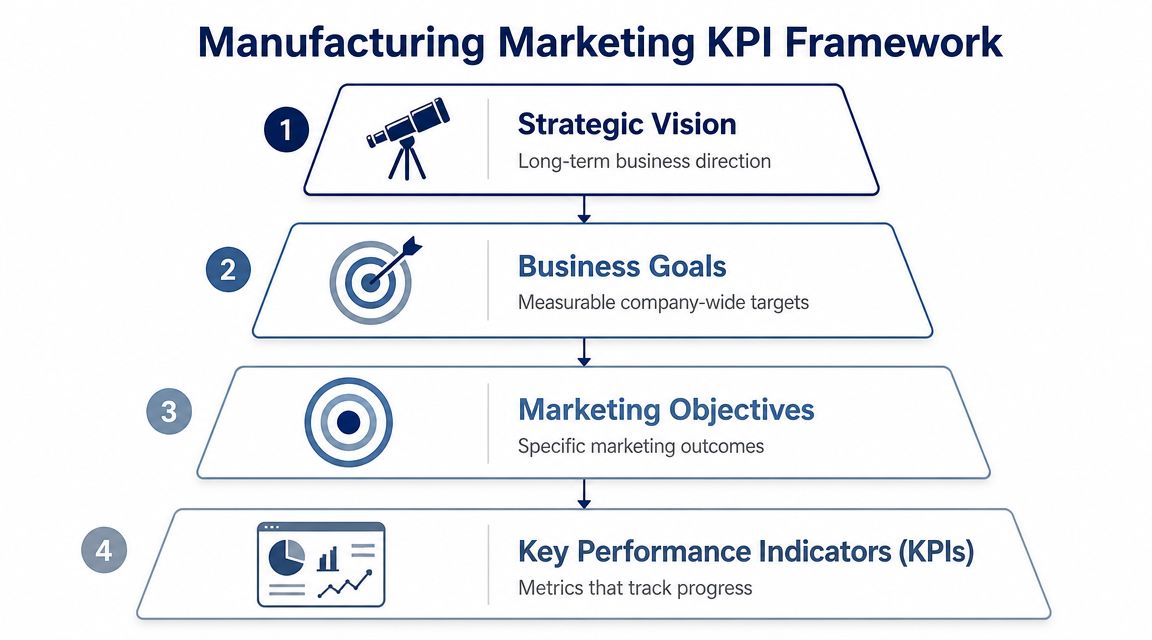 A four-level hierarchy chart illustrating a strategic framework for manufacturing marketing KPIs from vision to metrics.
