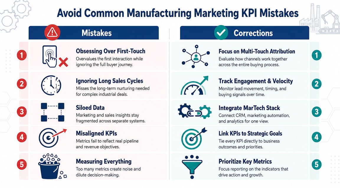 A comparison chart outlining five common marketing KPI mistakes in manufacturing and their corresponding strategic corrections.