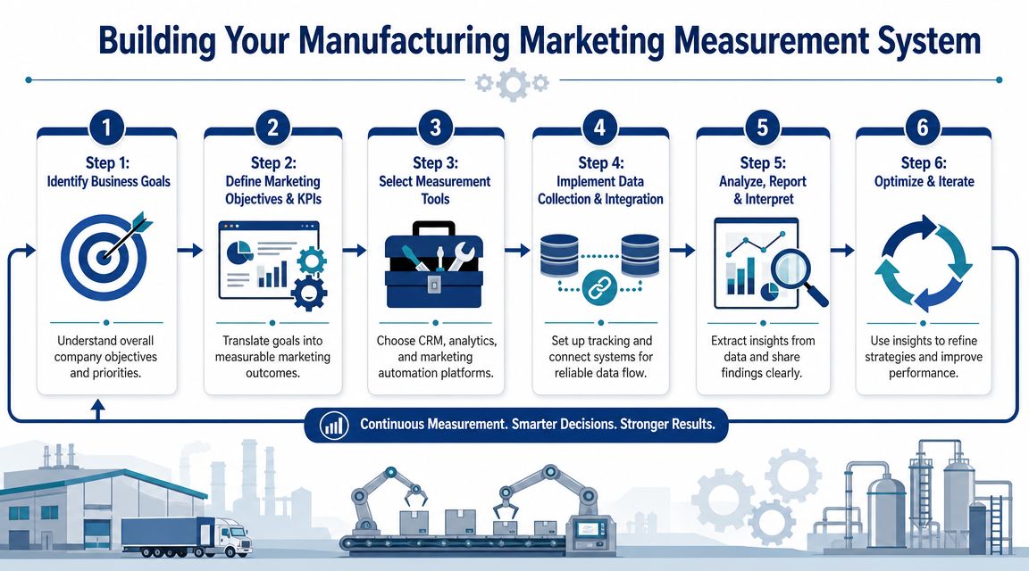 A six-step infographic outlining a process to build a manufacturing marketing measurement system for business success.