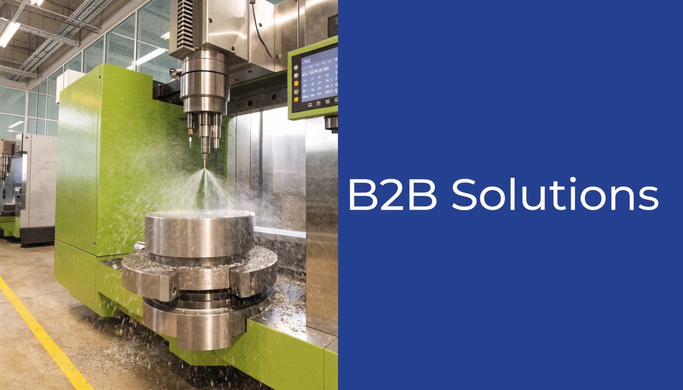 A large CNC machining center with liquid coolant spray performing metal milling operations in a workshop.