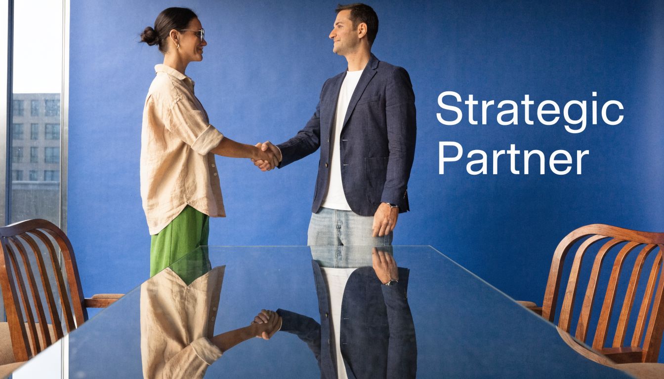 A professional man and woman shaking hands in a modern office, representing a strategic business partnership.