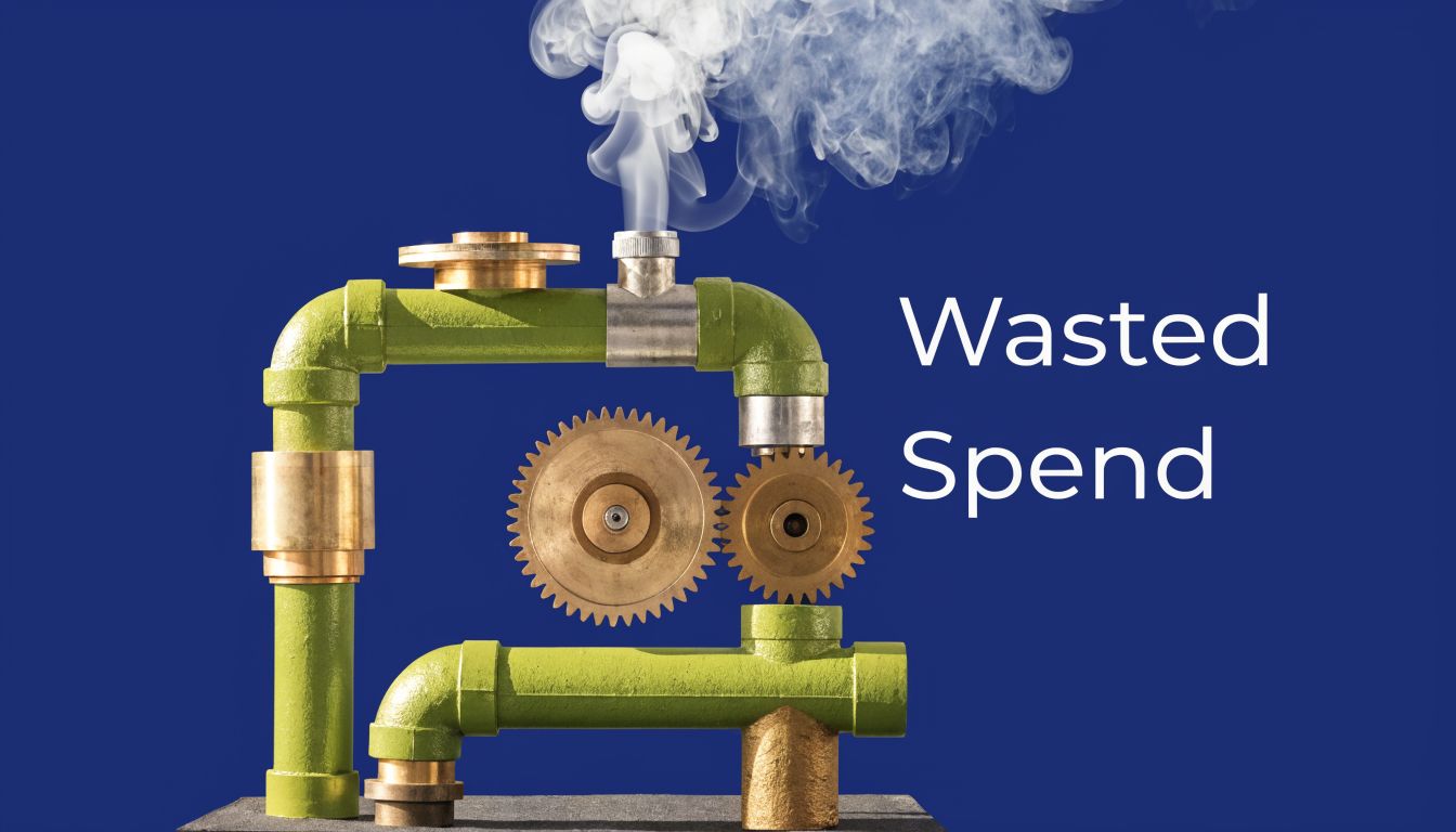 A mechanical pipe system with gears venting smoke representing the concept of wasted financial spend.