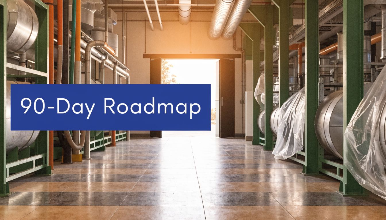 A 90-day roadmap overlay on a photo of a spacious, modern industrial manufacturing facility interior.