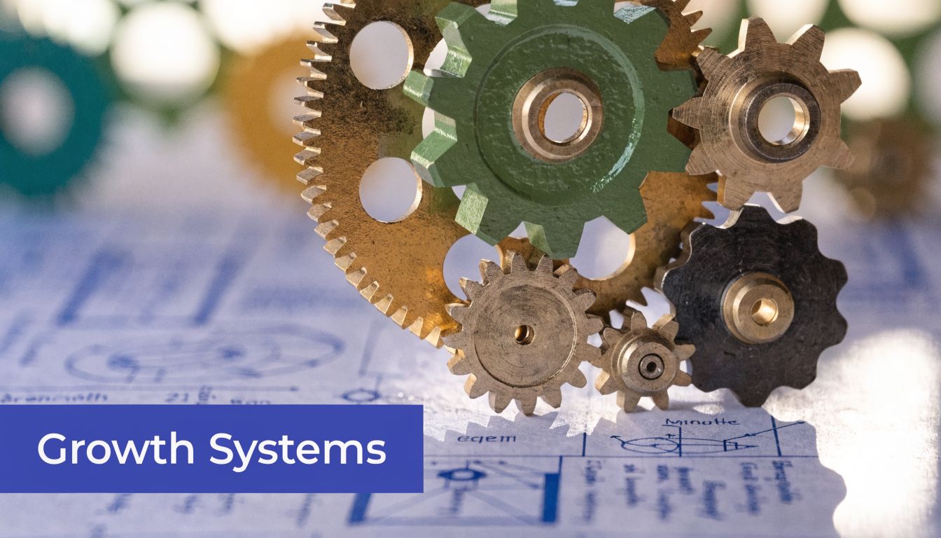 A close-up view of various metal gears arranged on a technical blueprint with text stating Growth Systems.