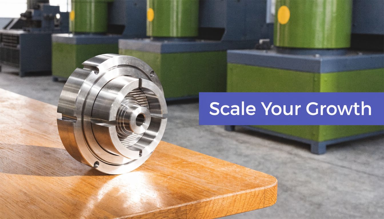 A precision-engineered metal component sitting on a wooden workbench in a professional manufacturing facility.