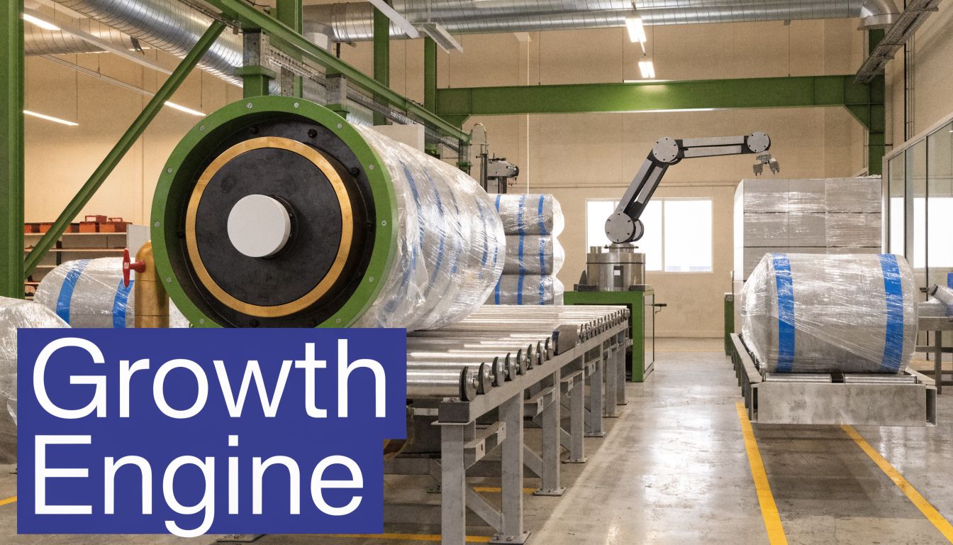 A large industrial factory interior with automated robotic machinery processing wrapped rolls on a conveyor system.