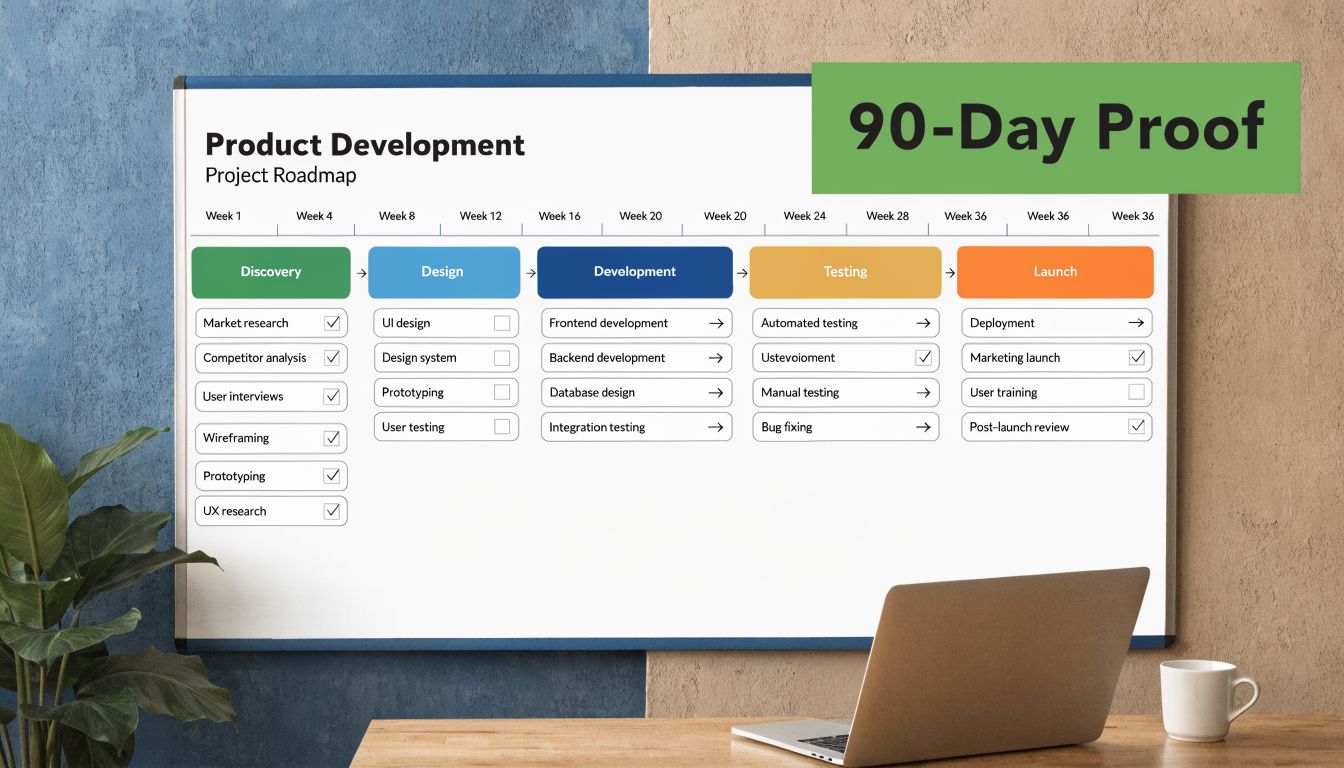 A whiteboard displaying a product development roadmap with phases for discovery, design, development, testing, and launch.