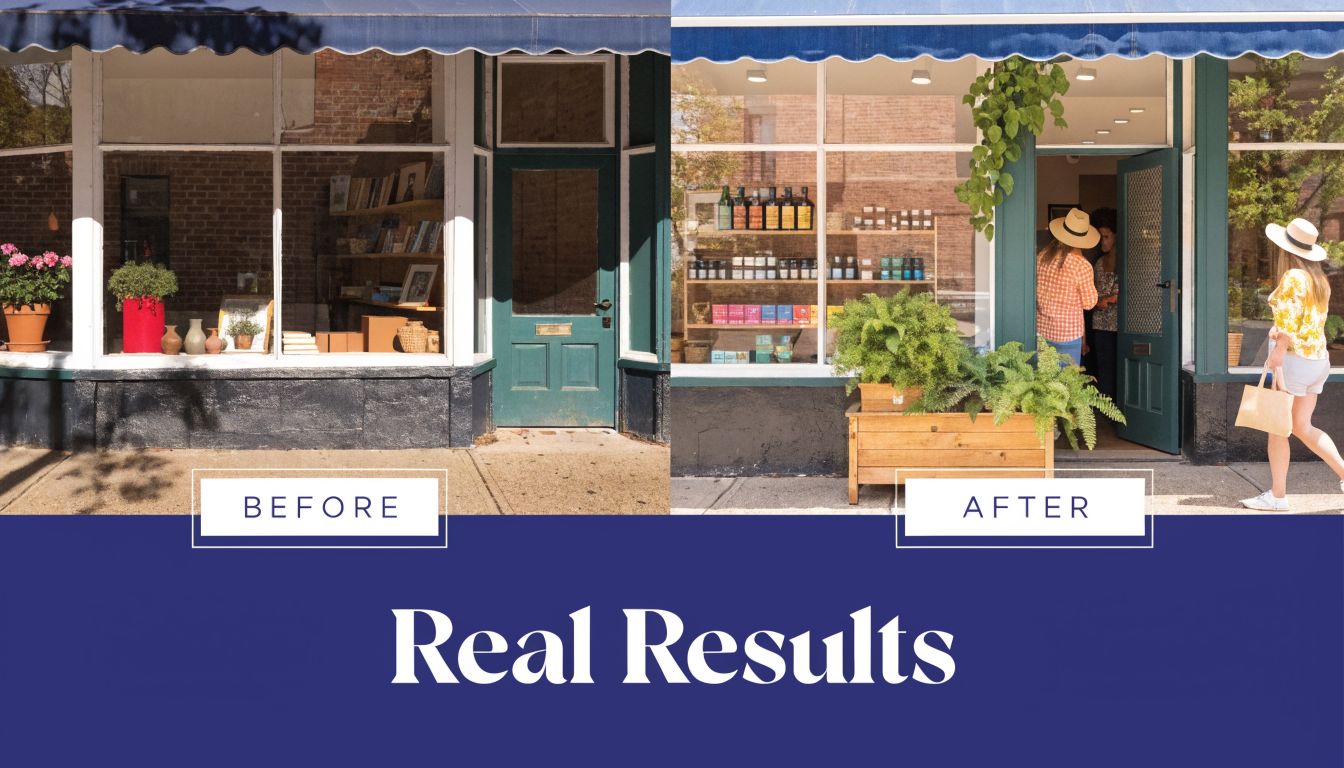 A side-by-side comparison of a storefront before and after professional visual merchandising and renovation services.