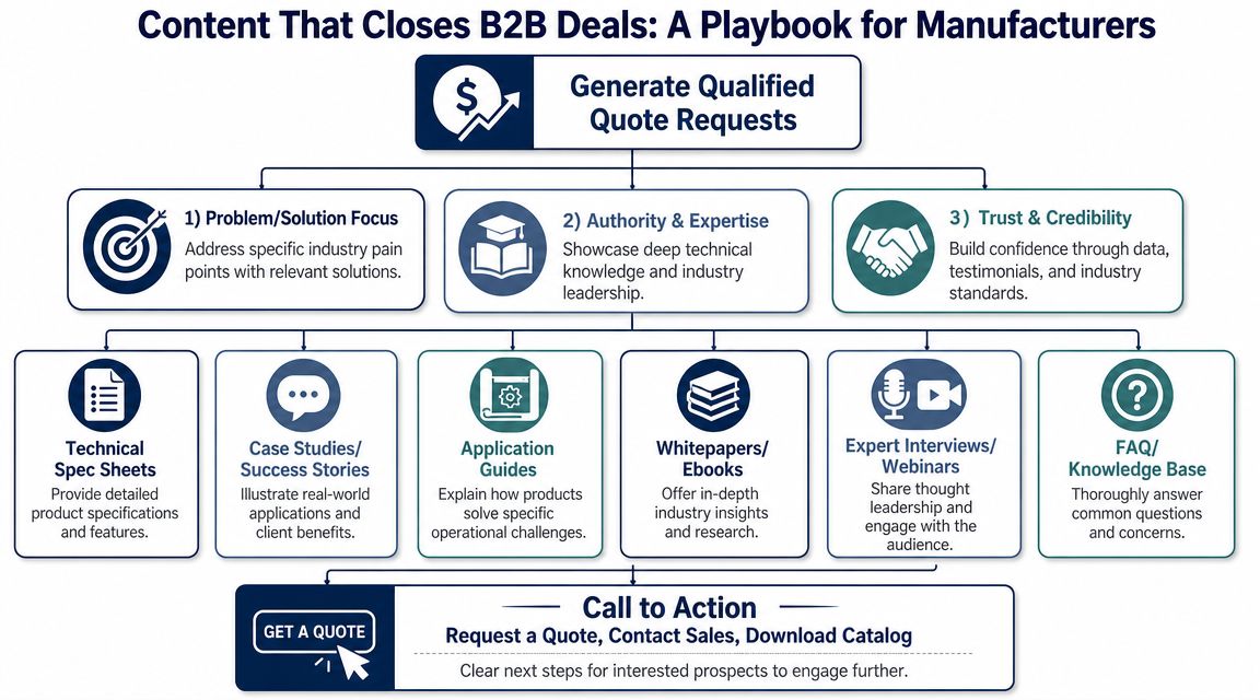 A strategic flowchart showing how B2B manufacturers can use content to generate qualified quote requests from prospects.