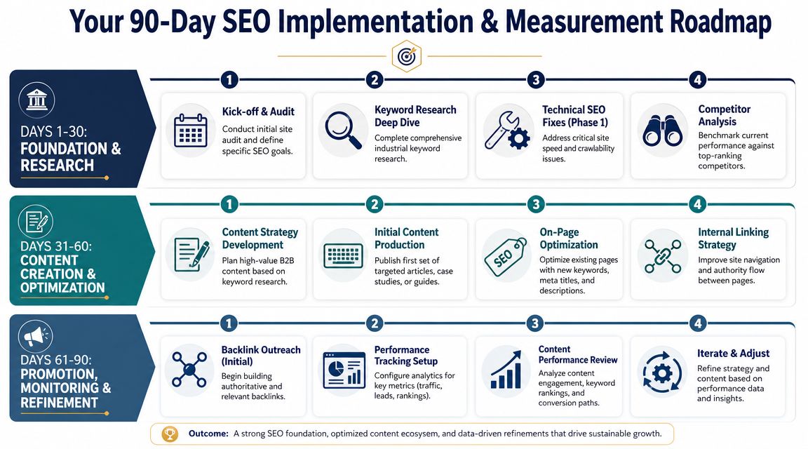 A 90-day SEO roadmap for manufacturing companies outlining phases for research, content creation, and performance monitoring.