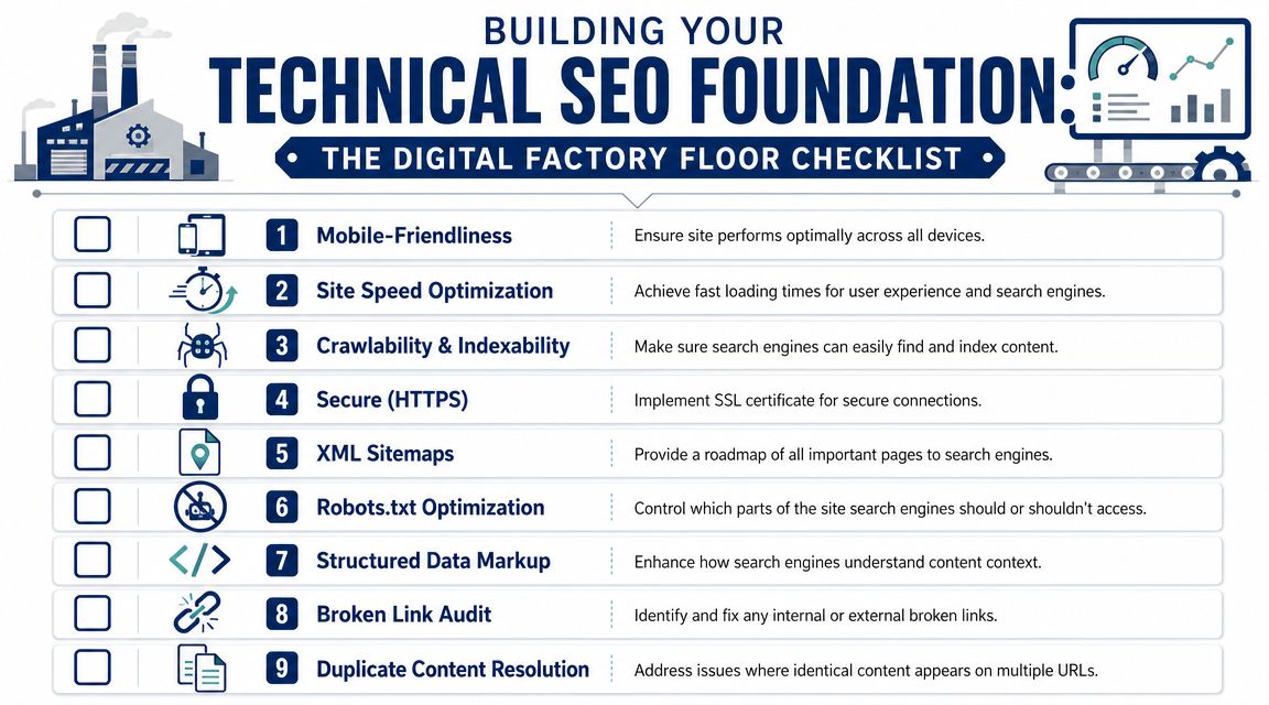 An infographic checklist outlining nine essential pillars for building a robust technical SEO foundation for websites.