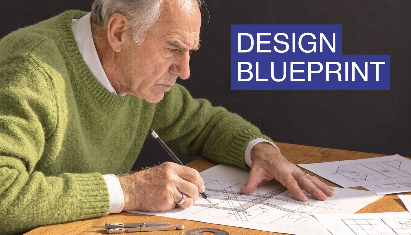 An elderly architect in a green sweater working on detailed house design blueprints at his desk.