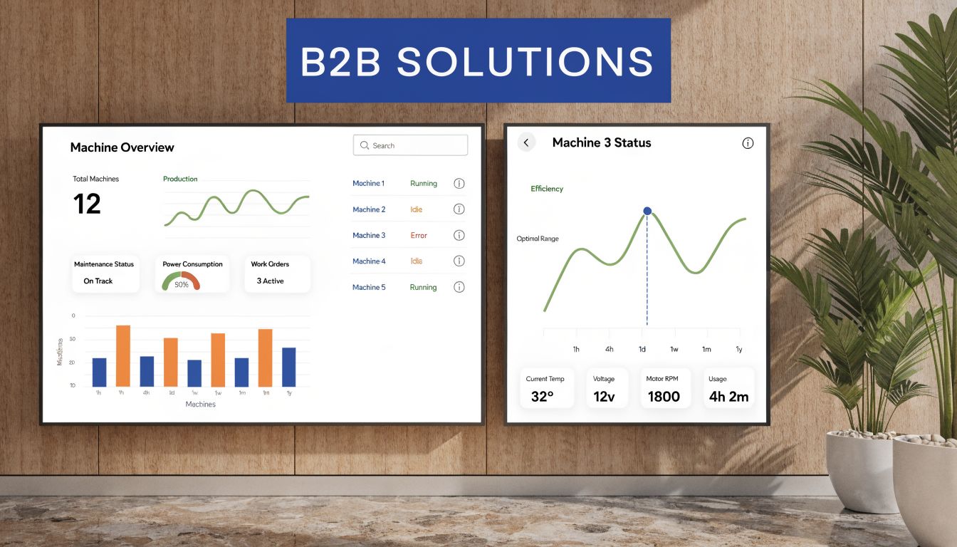 Two digital screens displaying B2B industrial machinery monitoring dashboards with performance metrics on a wooden wall.