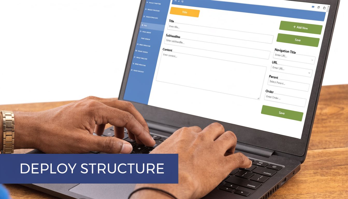 A person typing on a laptop displaying a website administration dashboard for managing site structure and content.