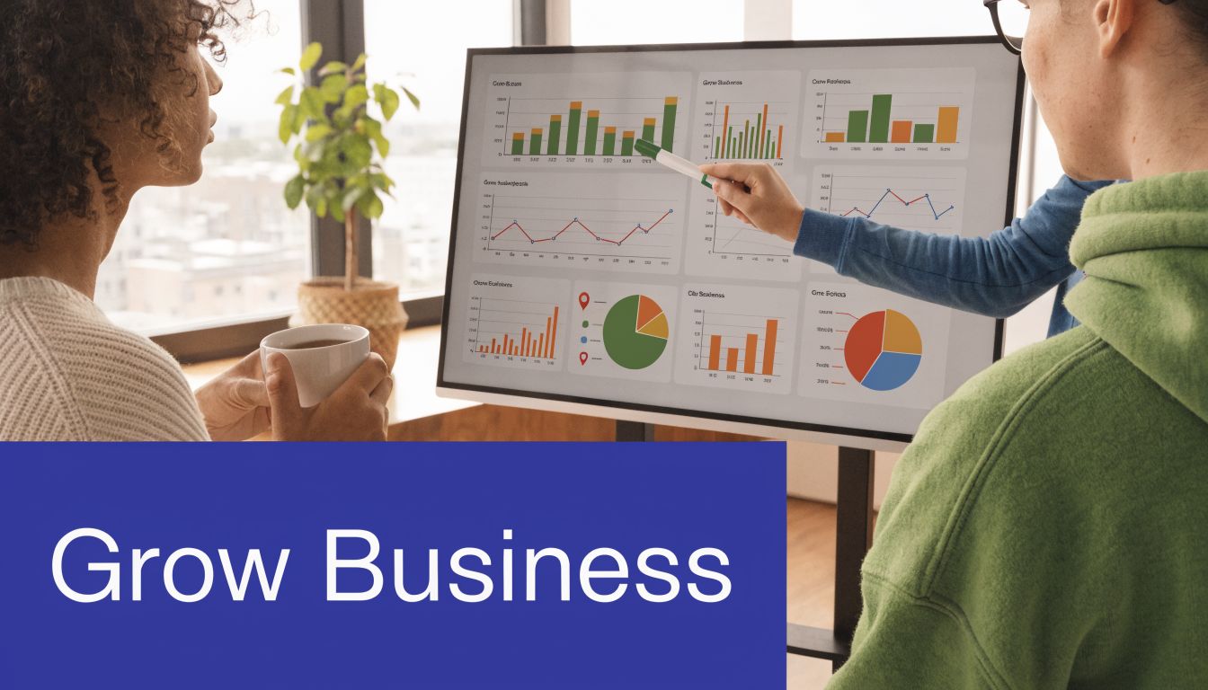 Two business professionals analyzing data charts and graphs displayed on a large digital monitor in office.