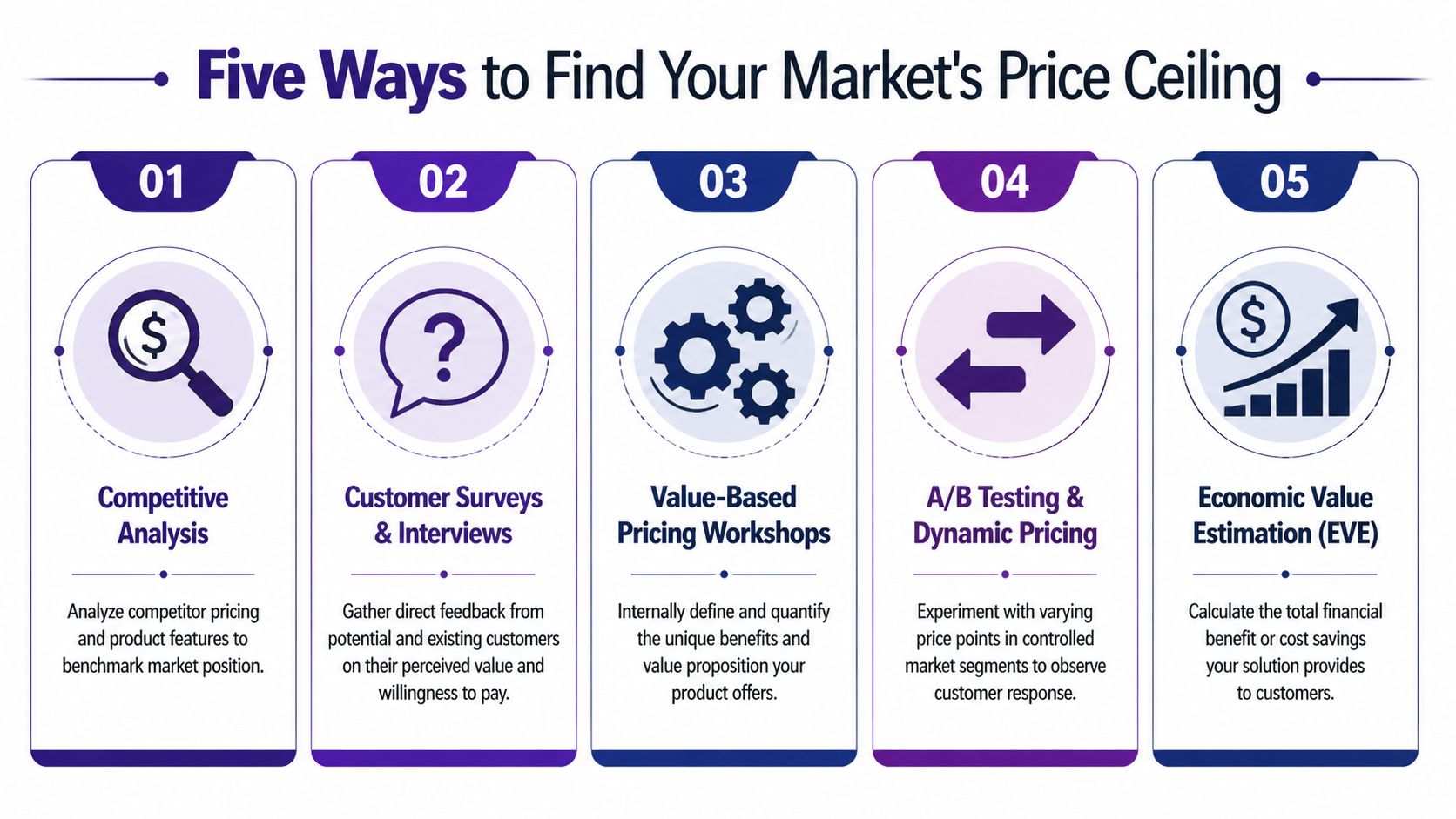 An infographic titled Five Ways to Find Your Market's Price Ceiling outlining effective pricing strategies for businesses.