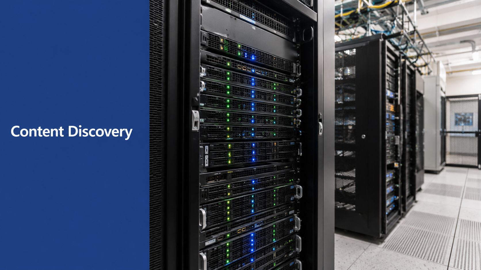 Rows of high-performance server racks in a data center facility with blue status indicator lights illuminated.