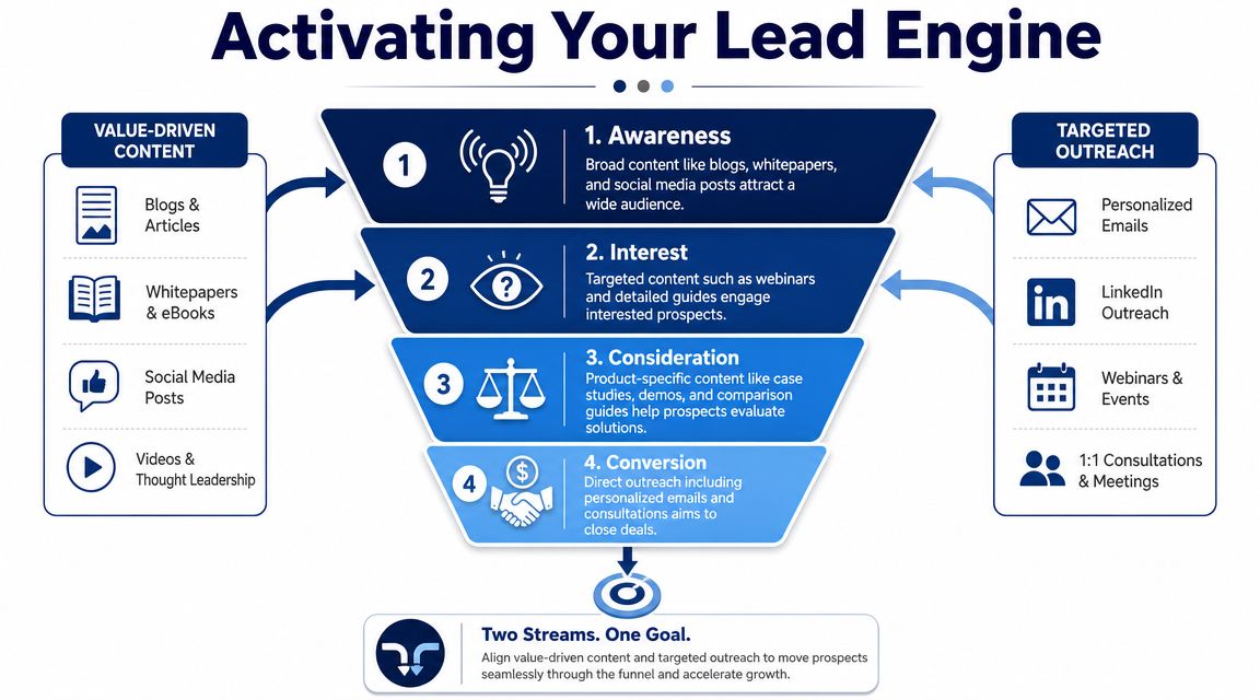 A funnel diagram illustrating the B2B lead generation process through value-driven content and targeted outreach strategies.