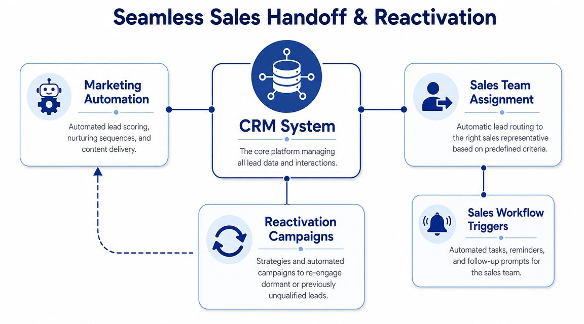 A flowchart showing the process of seamless sales handoff and reactivation between marketing, CRM, and sales teams.