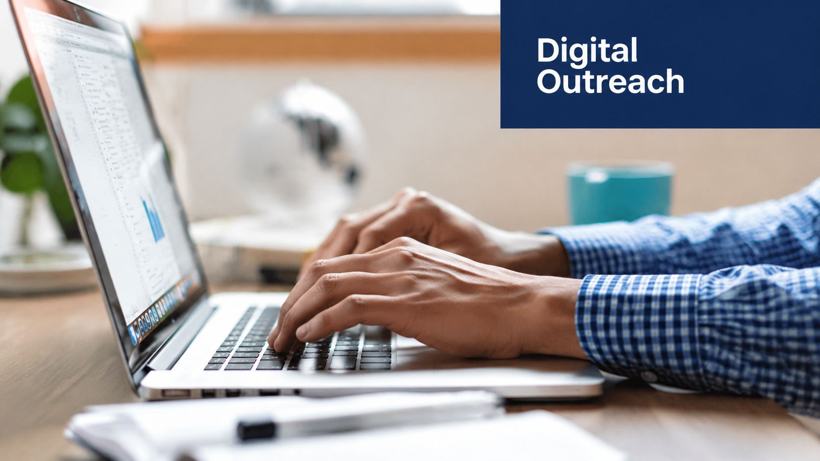A close-up view of a professional person typing on a laptop with a digital outreach graphic overlay.