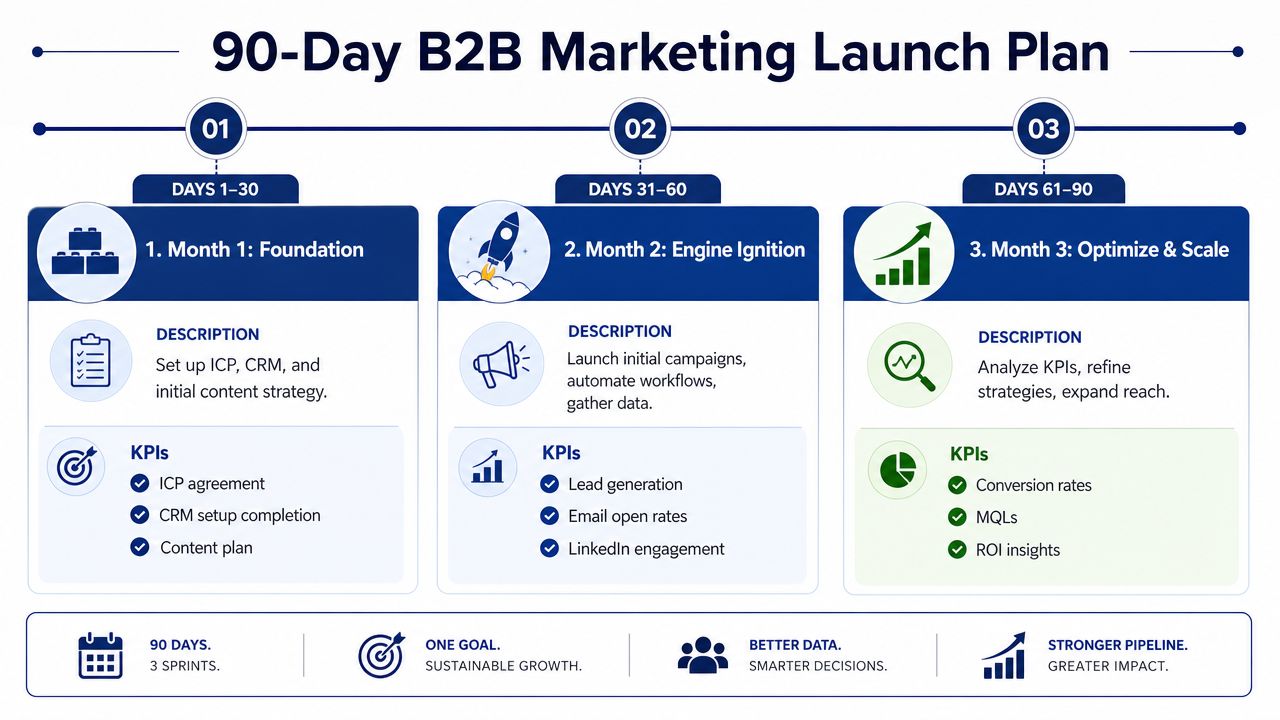 A 90-day B2B marketing launch plan infographic broken down into three monthly phases with specific goals.