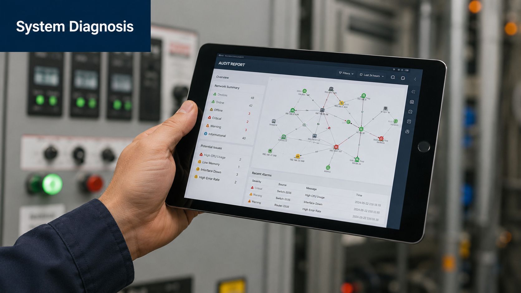 A technician holding a tablet displaying a network audit report with diagnostic data in an industrial setting.