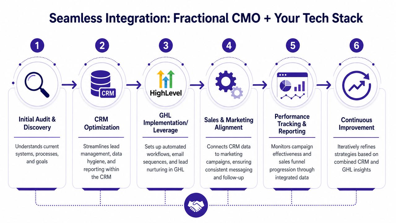A six-step infographic showing the seamless integration process between a fractional CMO and a tech stack.