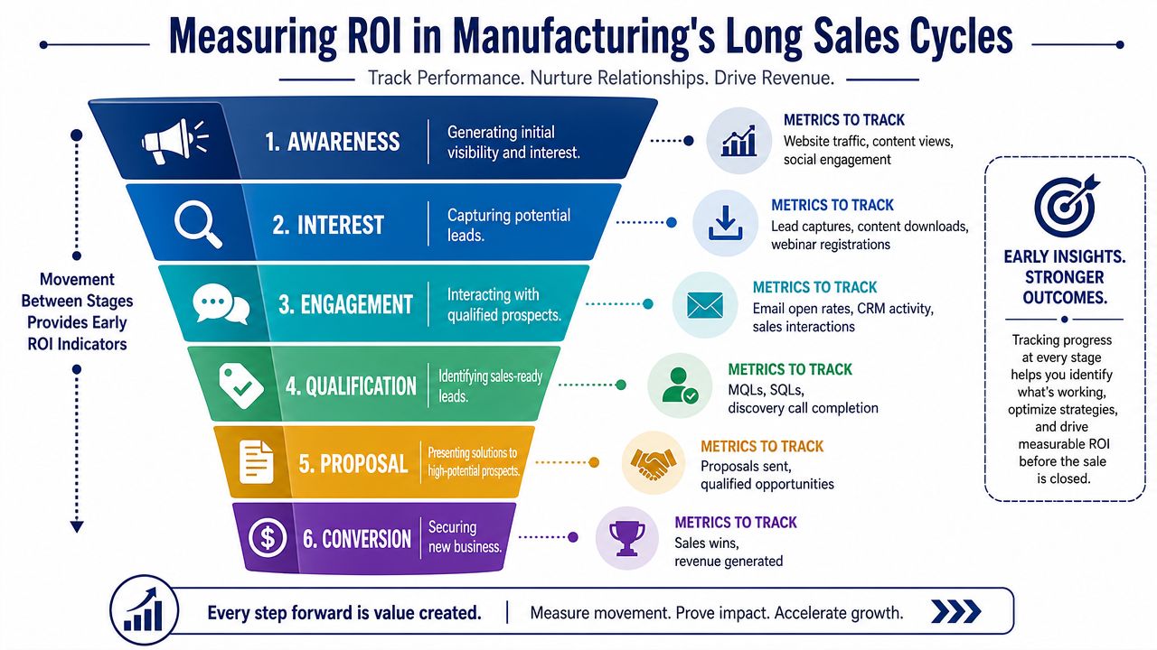 A sales funnel infographic detailing metrics to track across six stages of the manufacturing sales process.