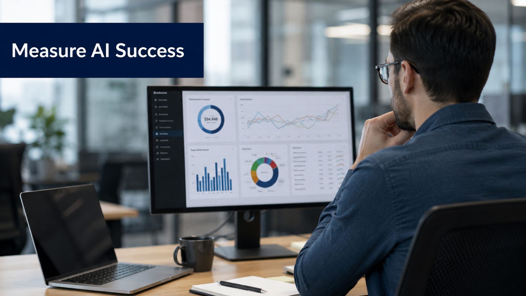 A professional analyzing AI performance dashboards on a computer screen in a modern office environment.