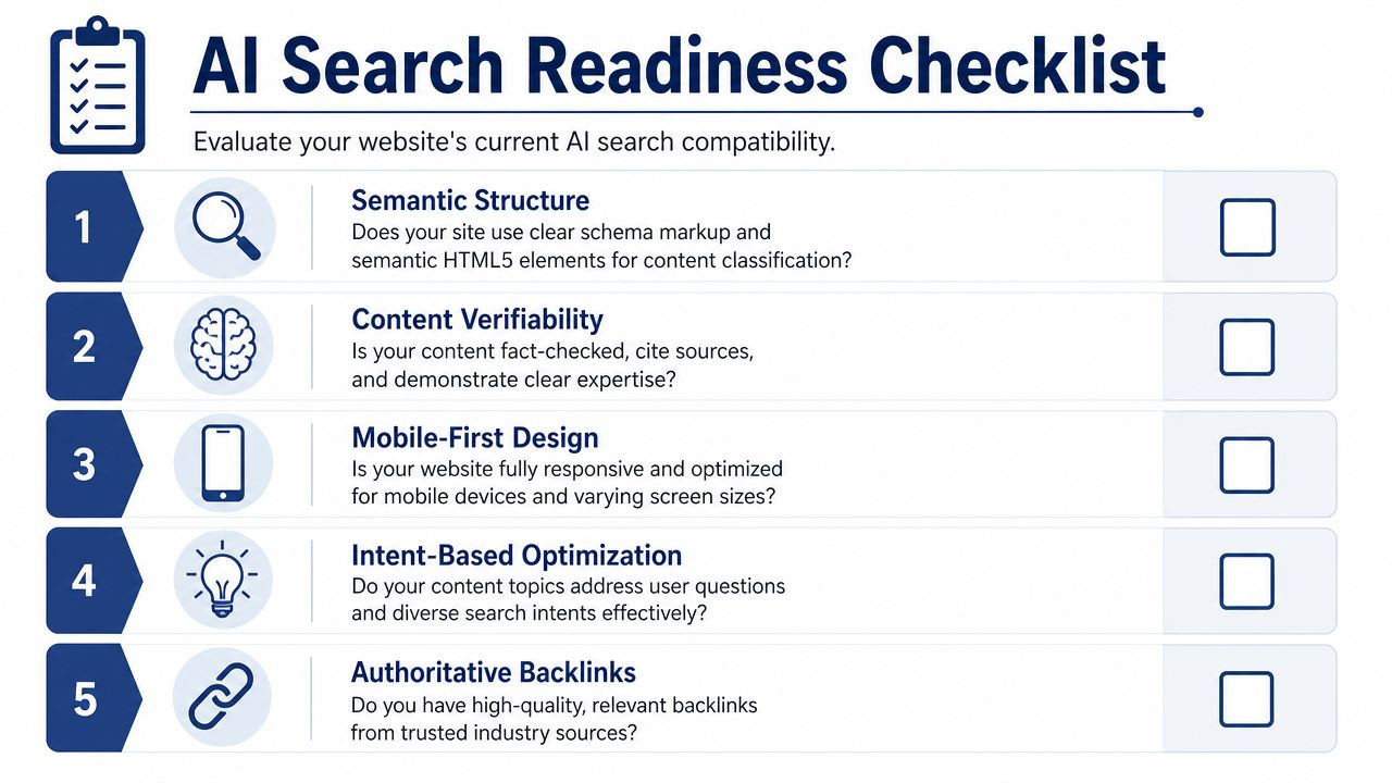 A five-point AI search readiness checklist for websites, focusing on structure, content, mobile design, intent, and backlinks.