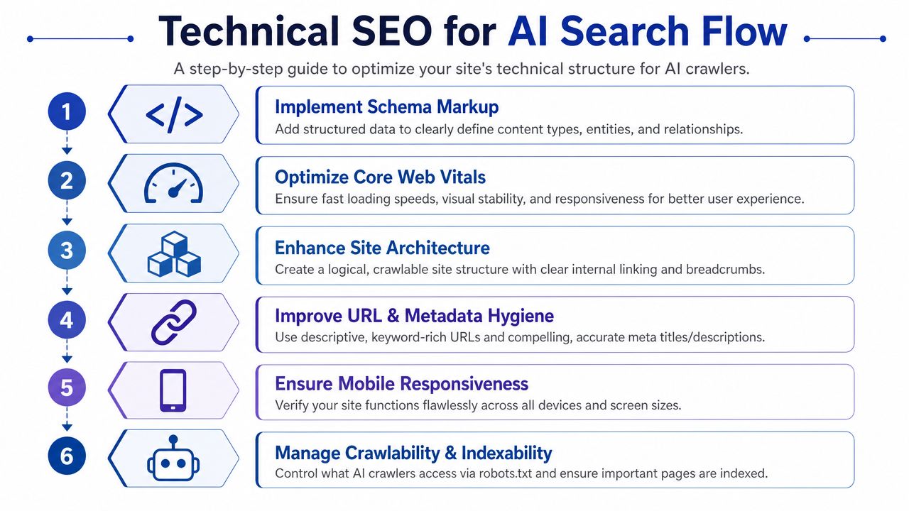 A six-step infographic detailing a guide on how to optimize website technical SEO for AI search crawlers.
