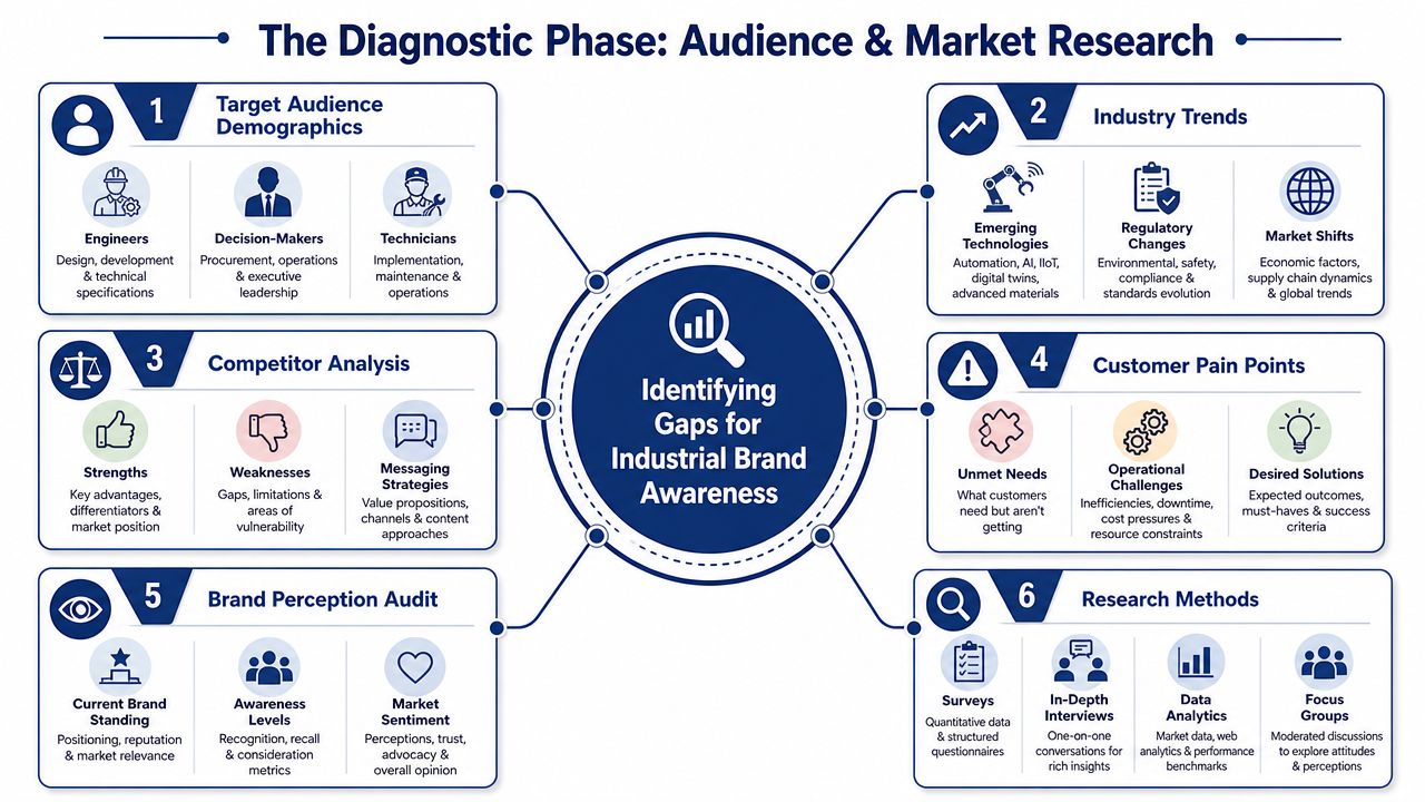 A diagnostic phase infographic outlining six key steps for developing an industrial brand awareness strategy.