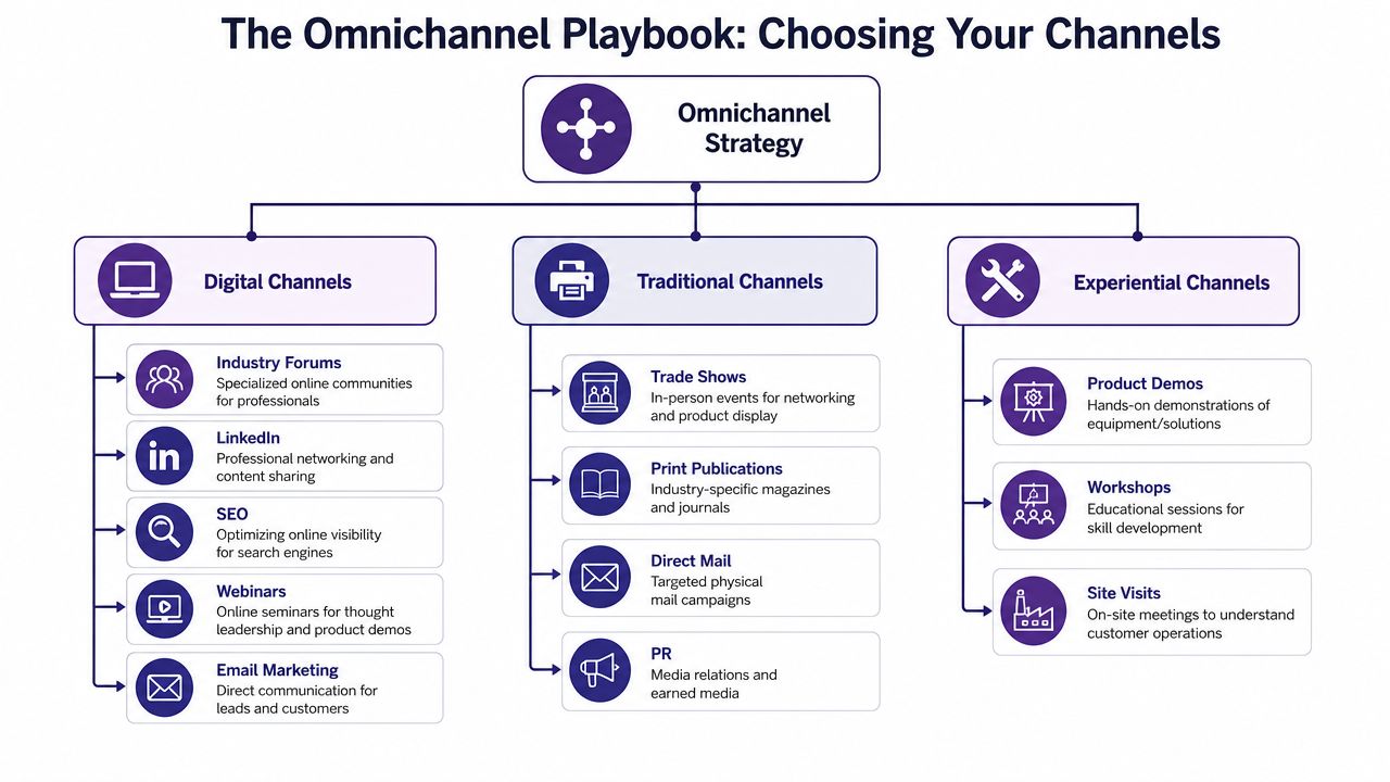 A flow chart outlining an omnichannel strategy for industrial marketing, categorized by digital, traditional, and experiential marketing channels.