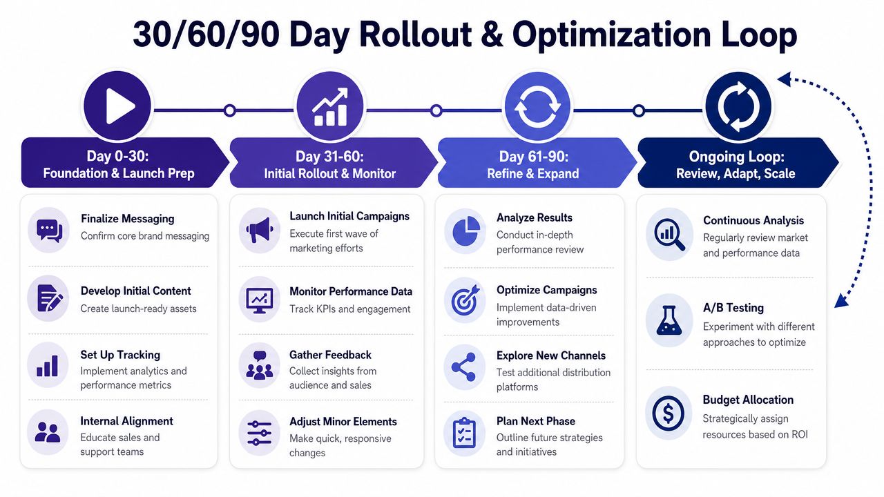 A 30-60-90 day marketing rollout and optimization strategy infographic showing four distinct phases for business growth.