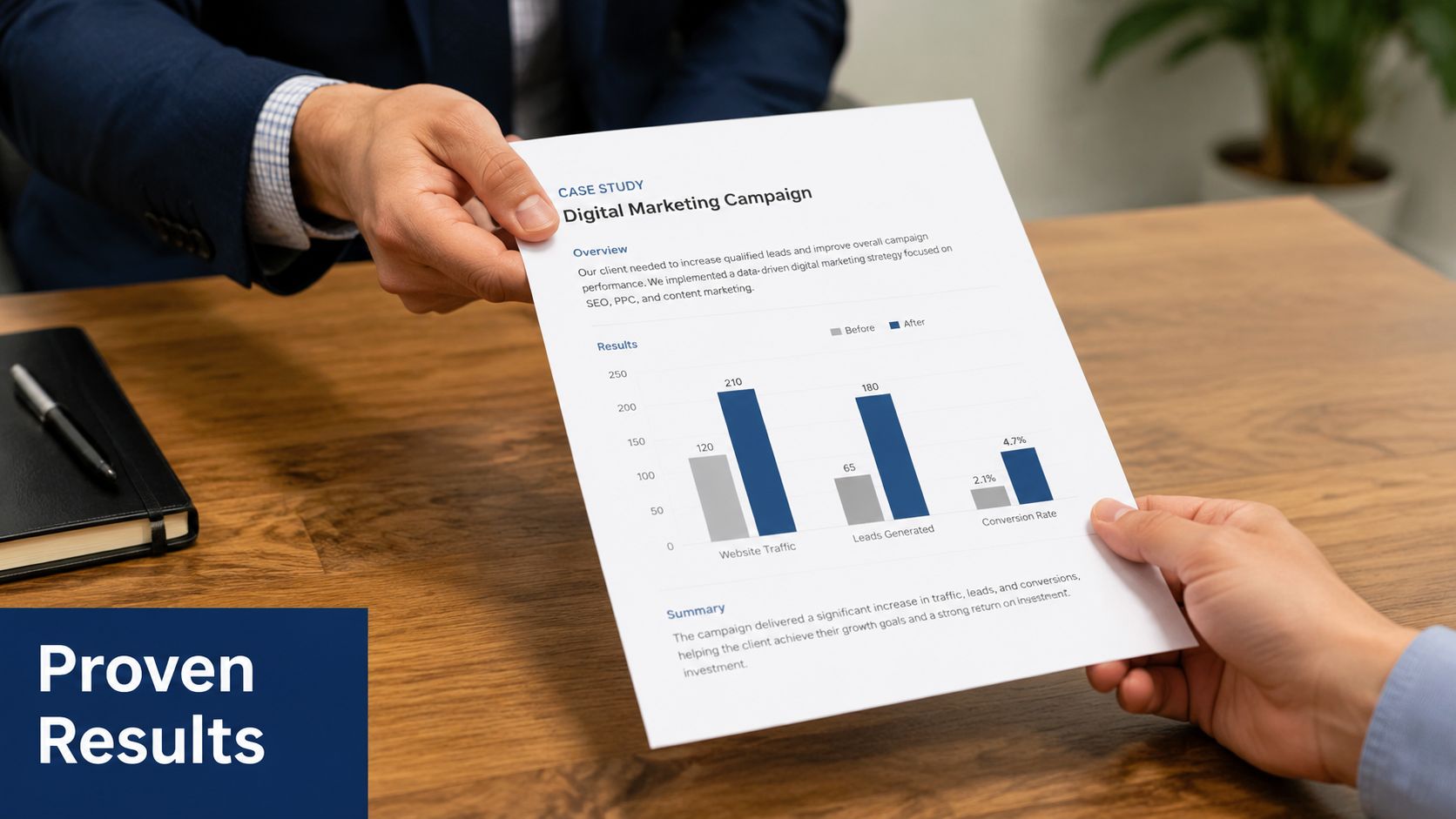 A professional handing a digital marketing case study report to a client across a wooden desk.