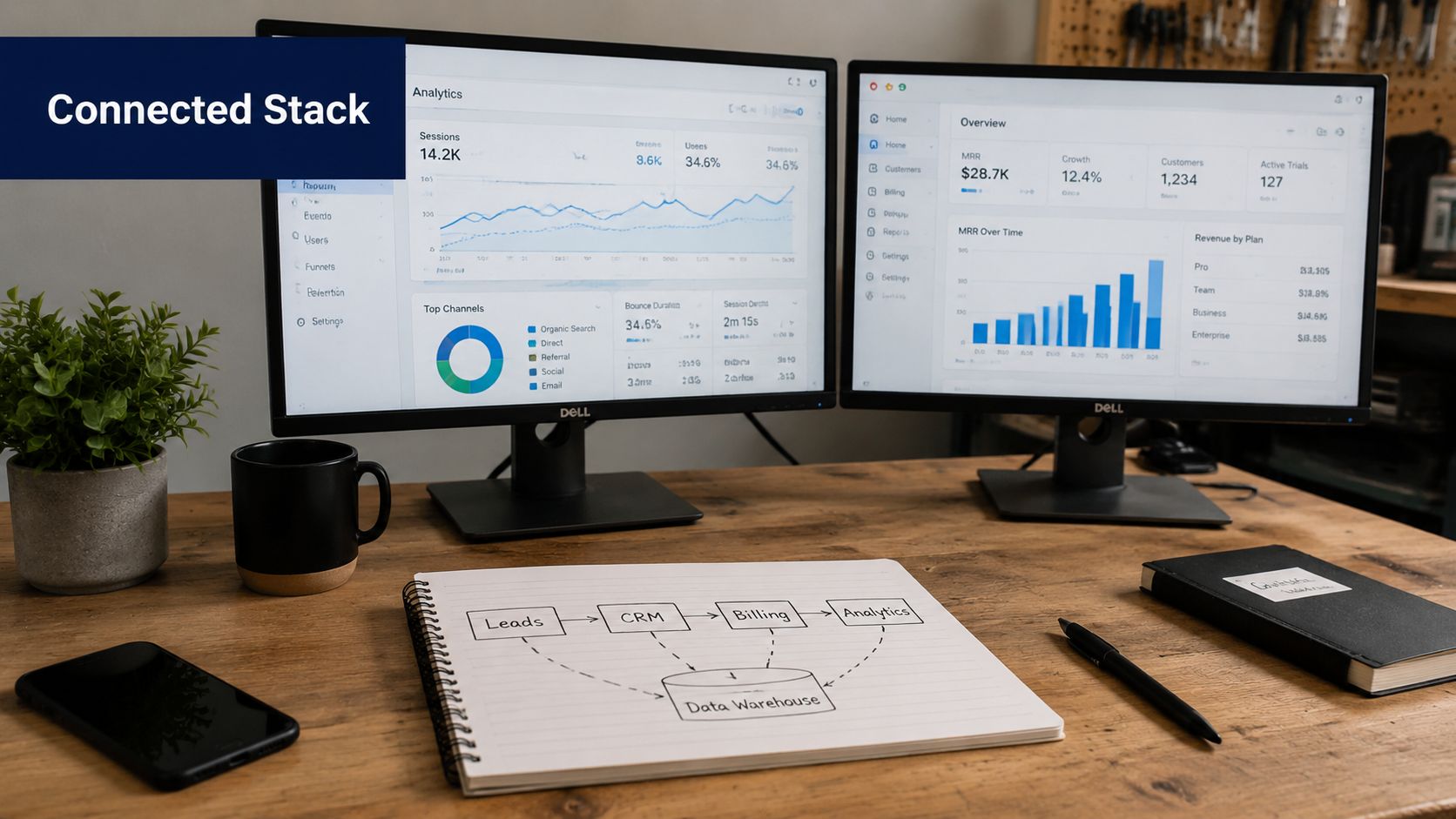 A modern workspace with two computer monitors displaying data analytics dashboards and a handwritten business workflow diagram.