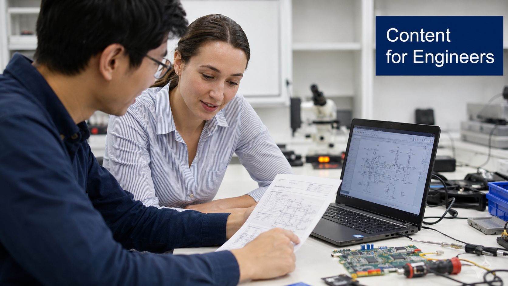 Two engineers working together in a technical laboratory while reviewing a complex engineering blueprint document.