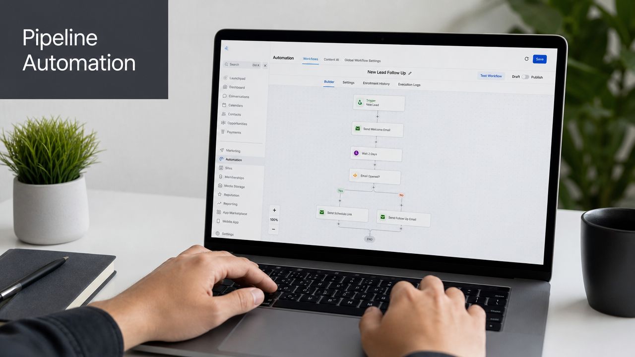 A person using a laptop to design a business workflow automation process for lead management software.