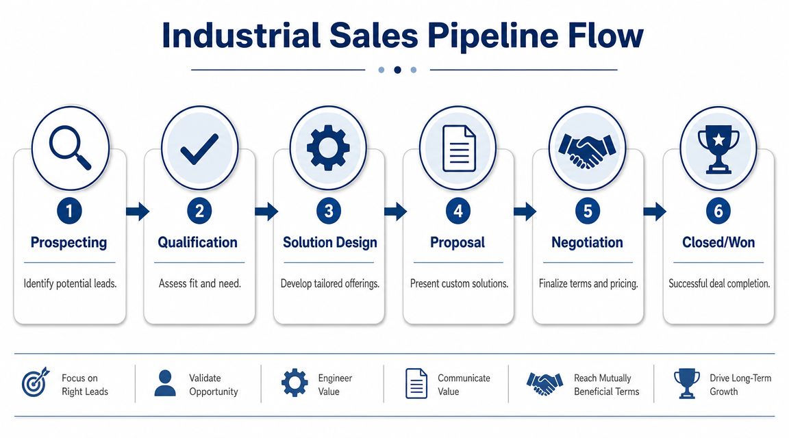 A diagram illustrating the six-step industrial sales pipeline flow from prospecting to closing the deal successfully.