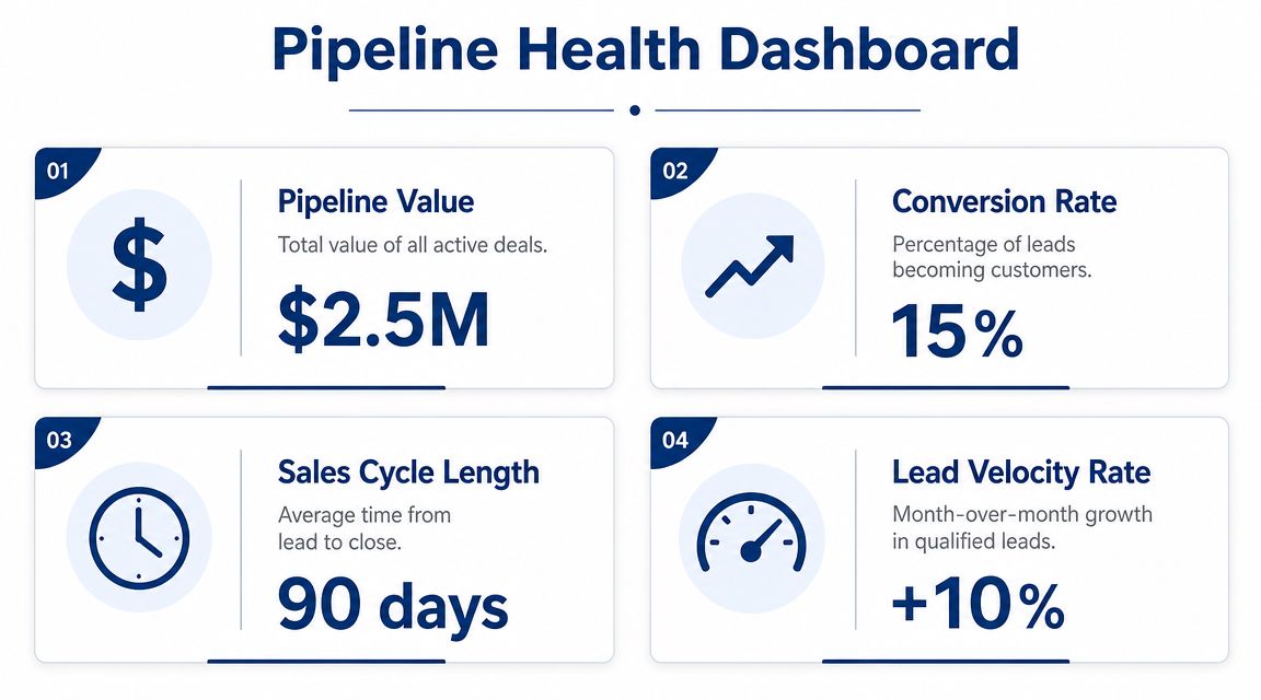 A Pipeline Health Dashboard displaying four key sales metrics including pipeline value, conversion rate, cycle length, and velocity.