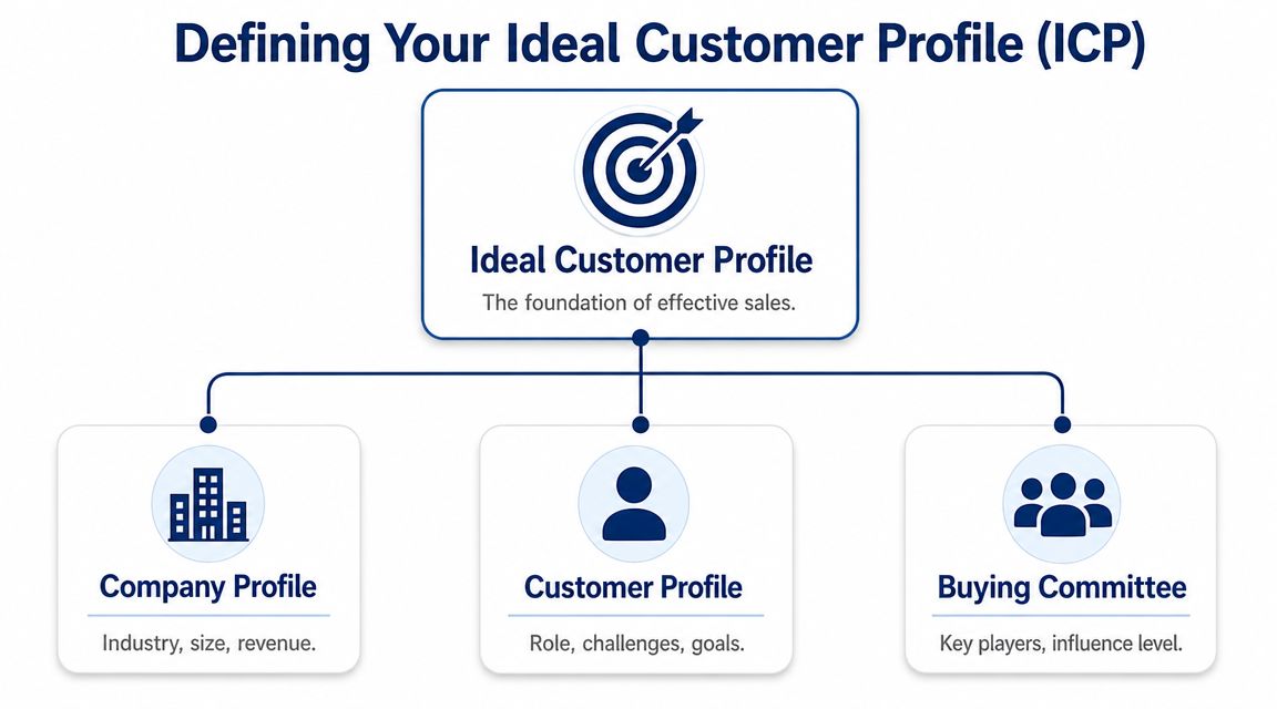 A diagram illustrating the three components of an Ideal Customer Profile: Company Profile, Customer Profile, and Buying Committee.