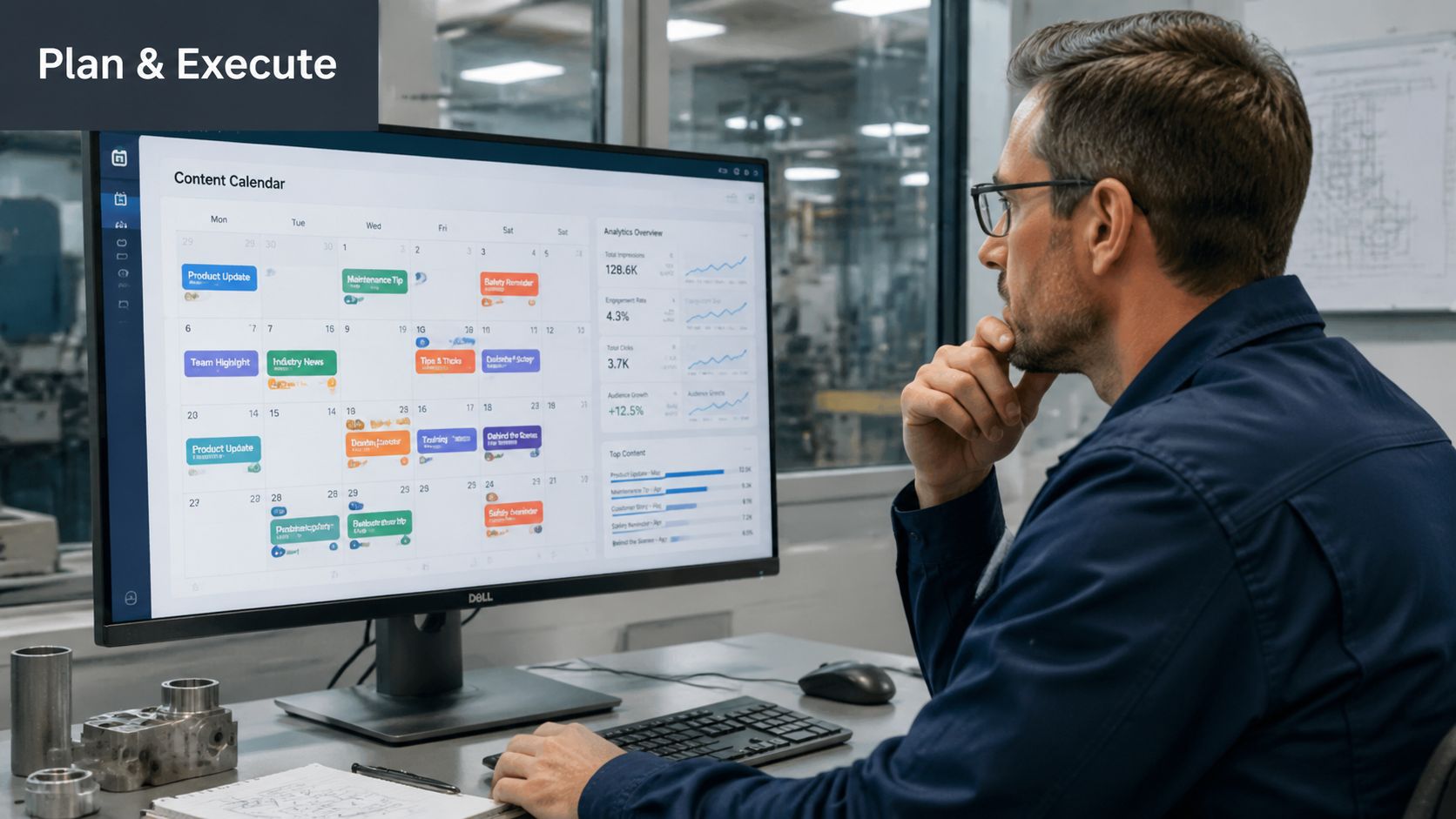 A professional man reviewing a digital manufacturing content marketing calendar on a computer screen at a desk.